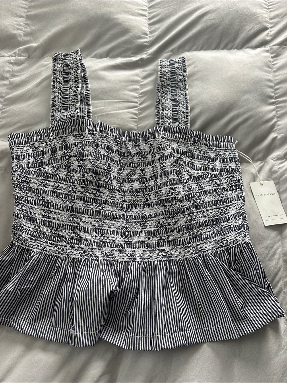 Smocked Striped Camisole Top - White & Navy
